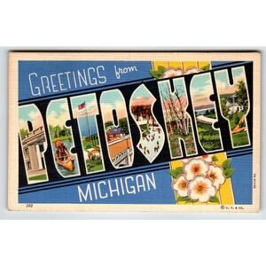 Greetings From Petoskey Michigan Large Letter Postcard Linen Unused Curt Teich